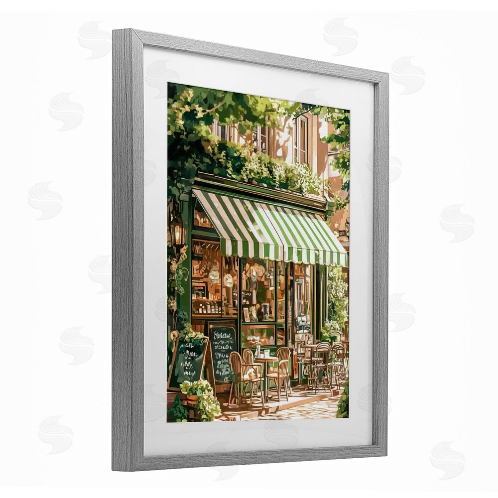 LSR Design Studio Coffee Shop Awning & Greenery Gray Framed Print Under Glass Wall Art