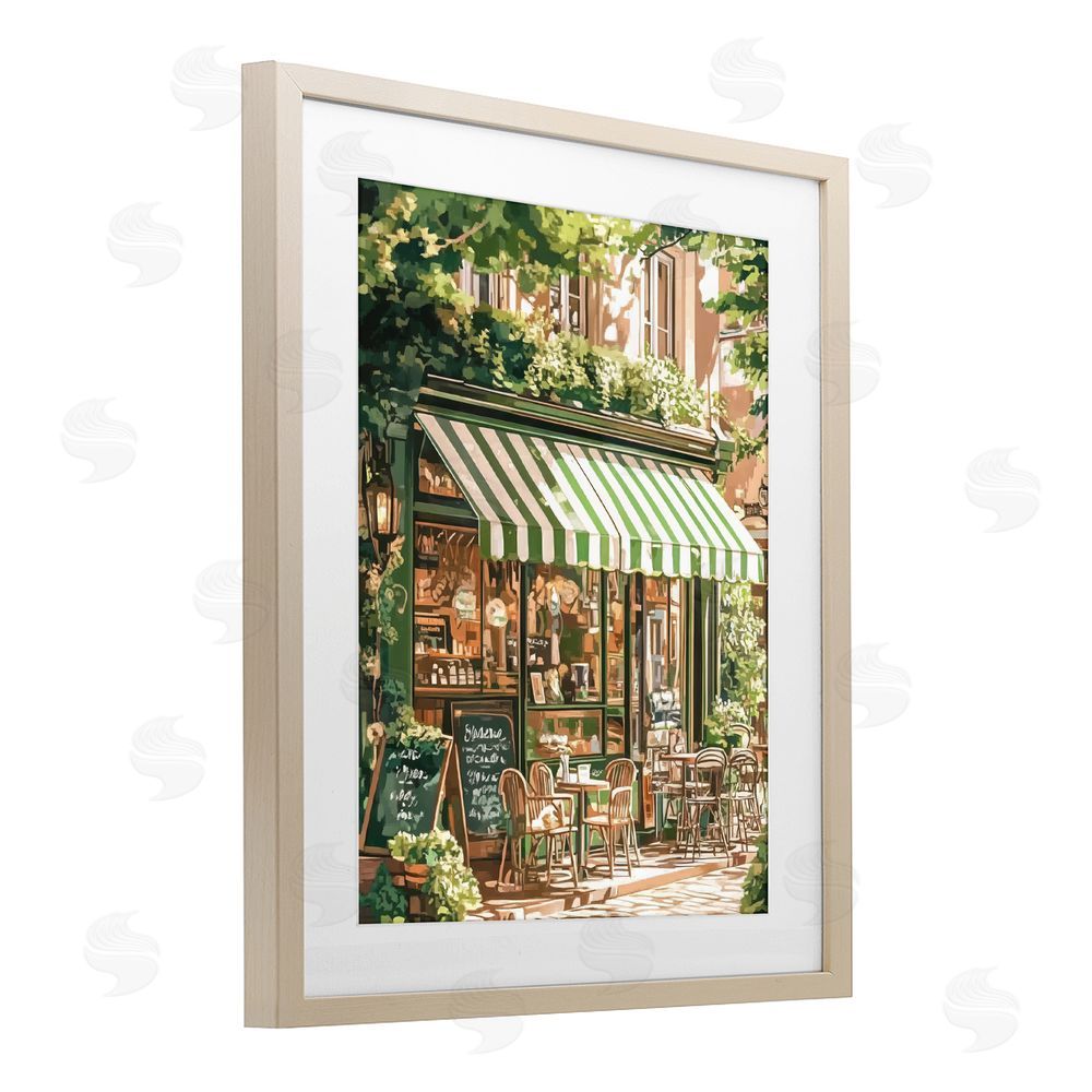 LSR Design Studio Coffee Shop Awning & Greenery Brown Framed Print Under Glass Wall Art