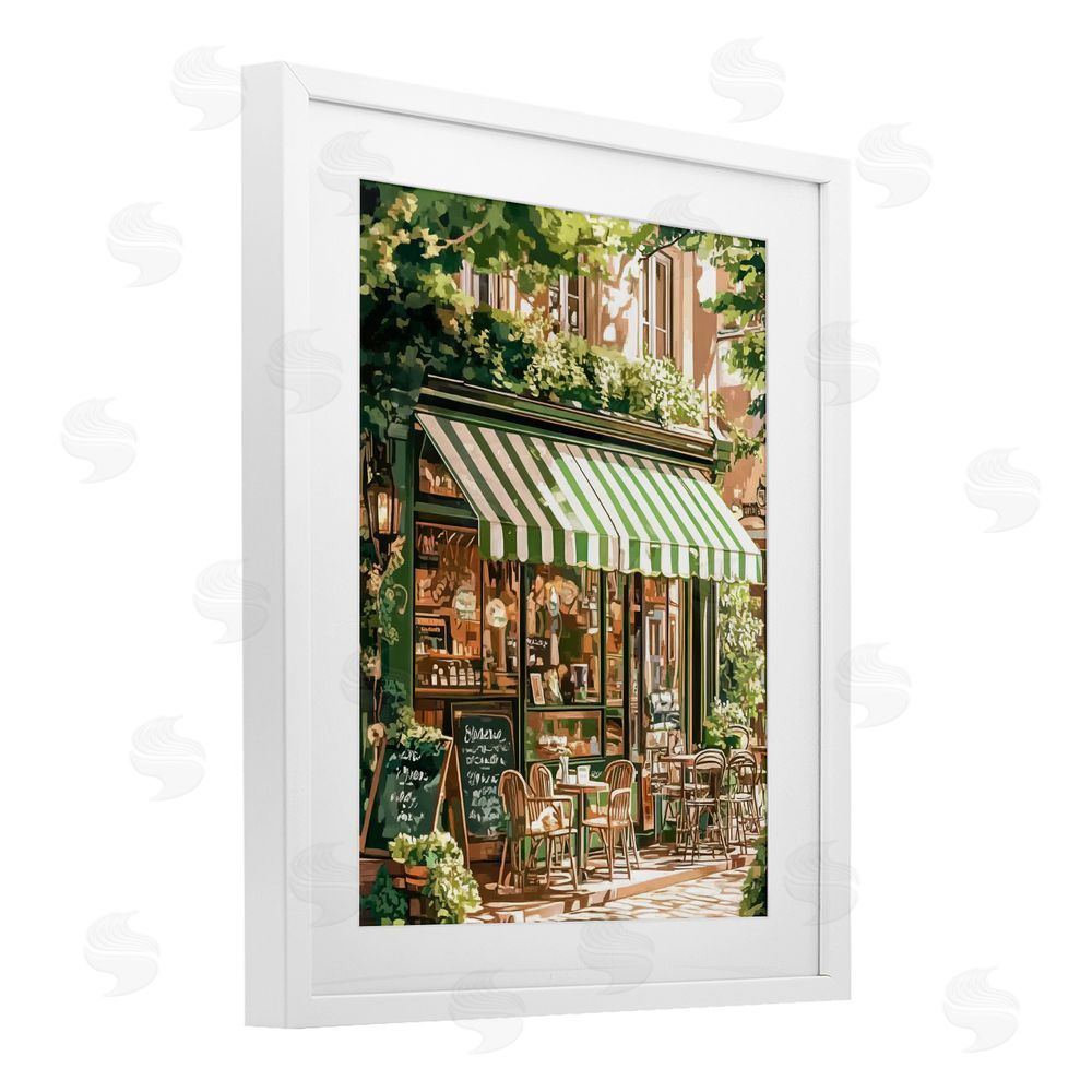 LSR Design Studio Coffee Shop Awning & Greenery White Framed Print Under Glass Wall Art