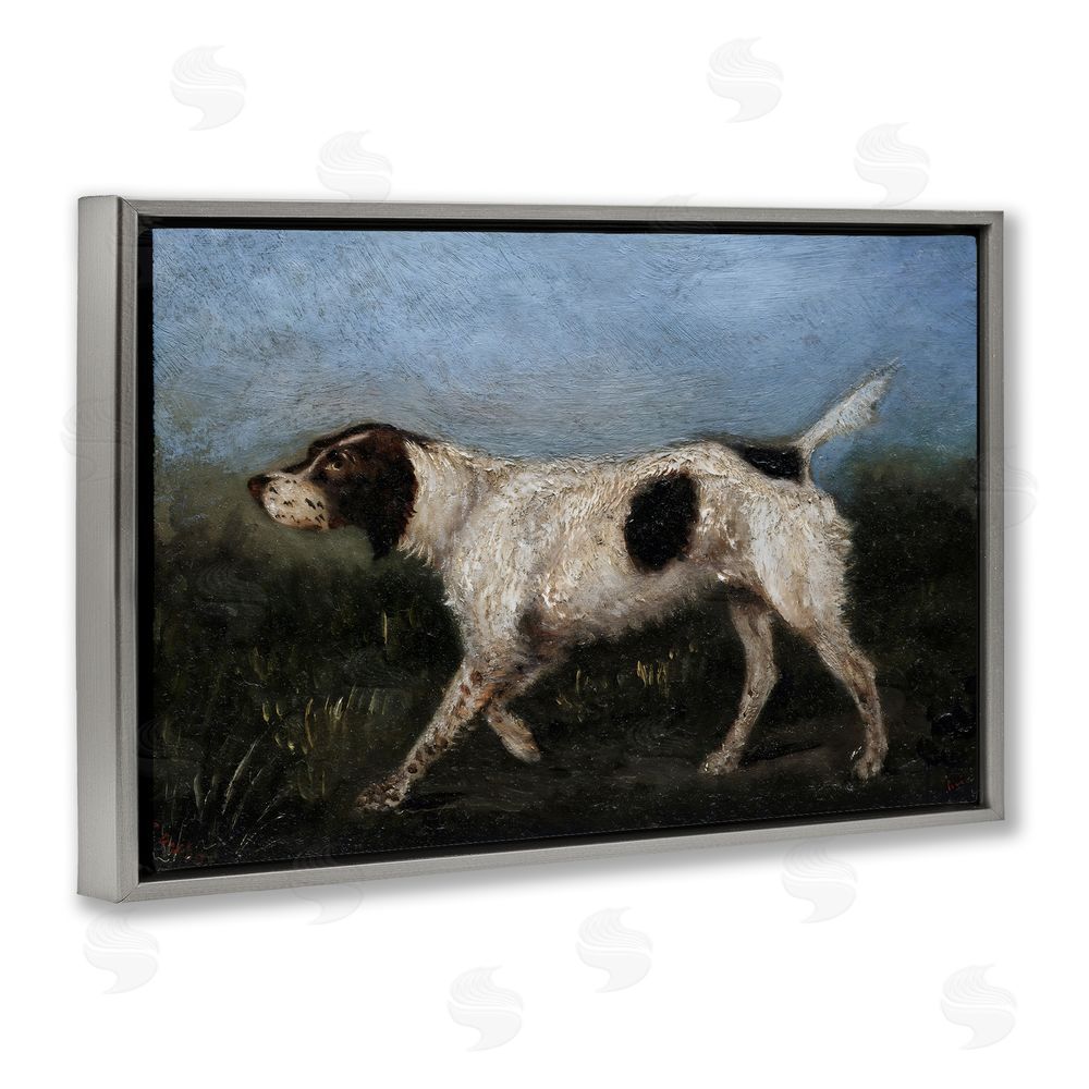 Arlington Prints Alert Hunting Dog in Field Gray Floating Frame Stretched Canvas Wall Art Print