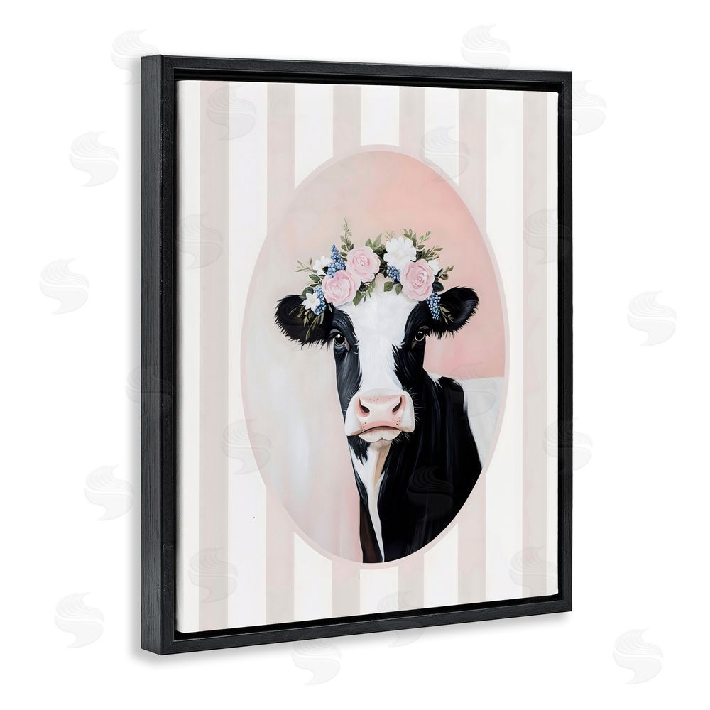 Arlington Prints Soft Cow with Floral Crown Black Floating Framed Canvas Wall Art Print