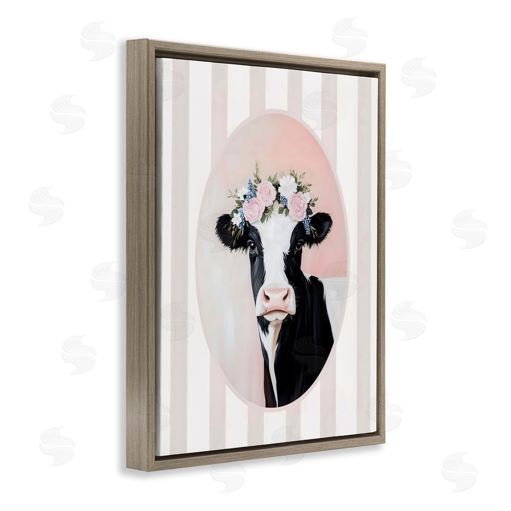 Arlington Prints Soft Cow with Floral Crown Brown Floating Framed Canvas Wall Art Print