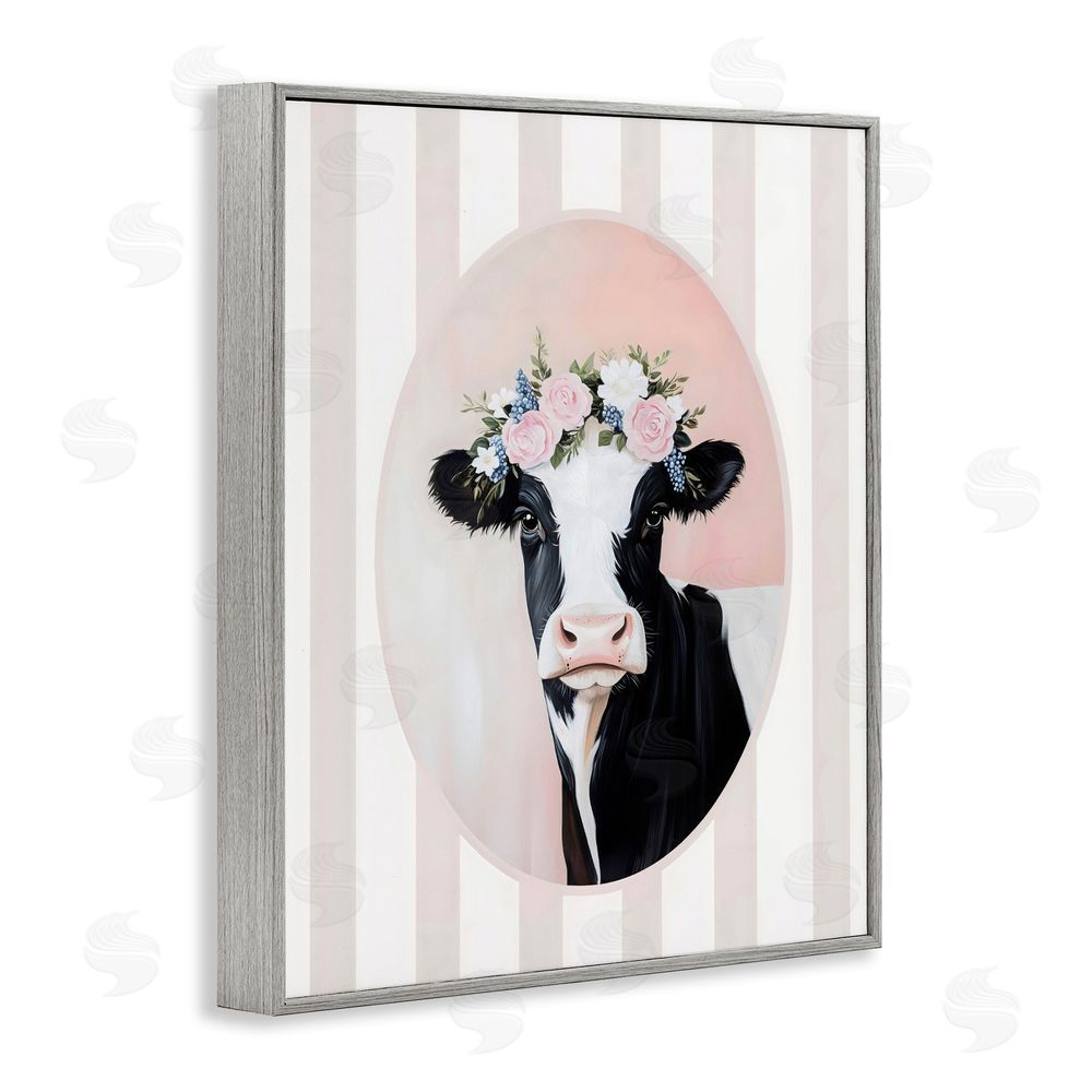 Arlington Prints Soft Cow with Floral Crown Gray Framed Giclee Wall Art Print