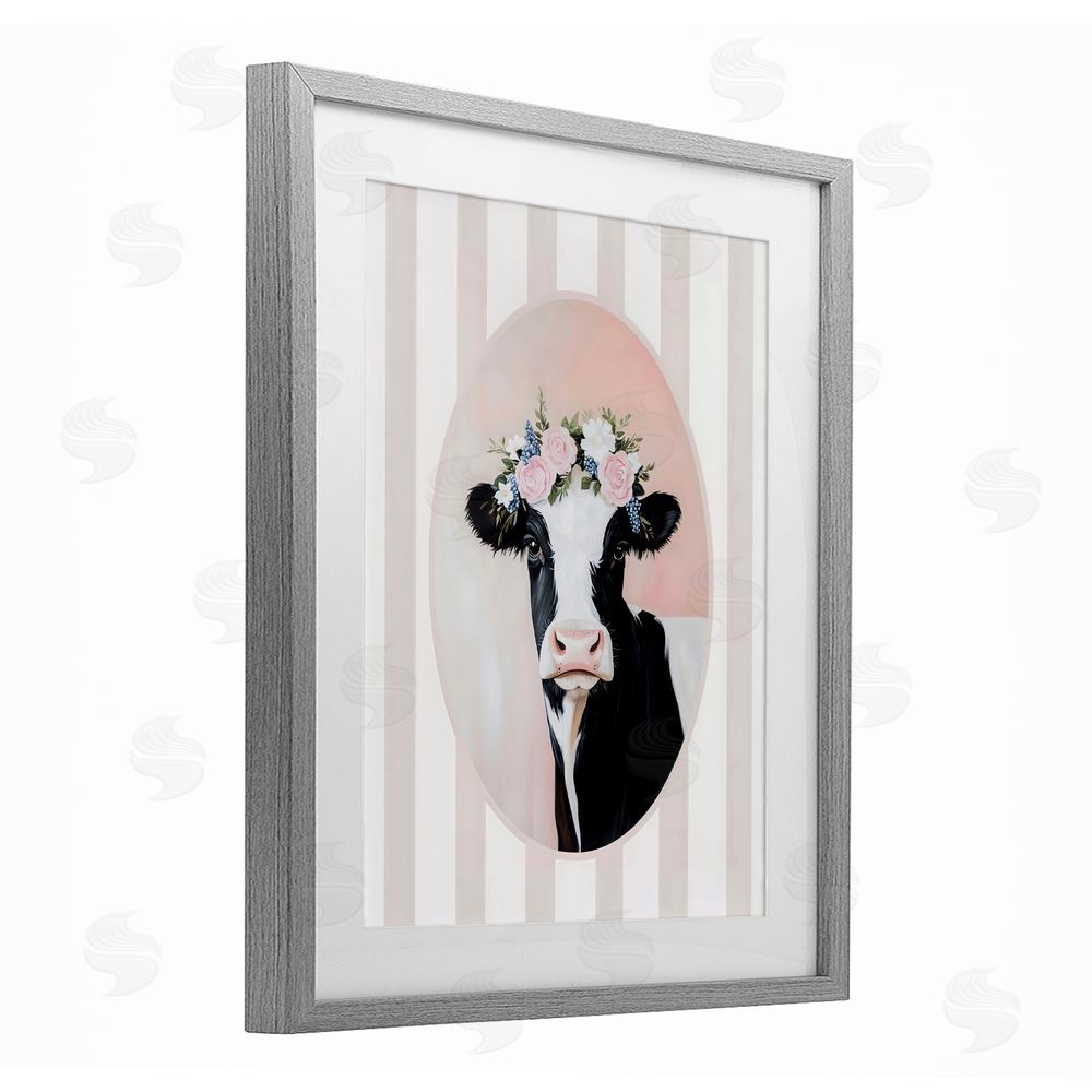 Arlington Prints Soft Cow with Floral Crown Gray Framed Print Under Glass with White Mat Wall Art