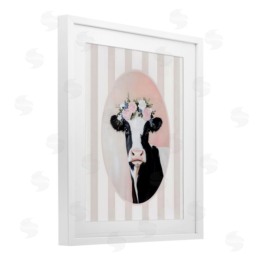 Arlington Prints Soft Cow with Floral Crown White Framed Print Under Glass with White Mat Wall Art