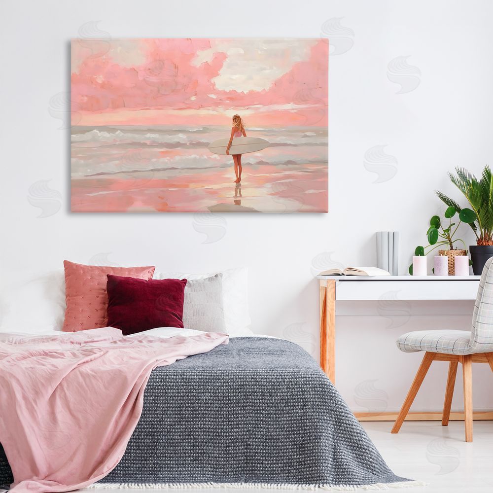 LSR Design Studio Pink Sky Surfer Stretched Canvas Wall Art Print in Room