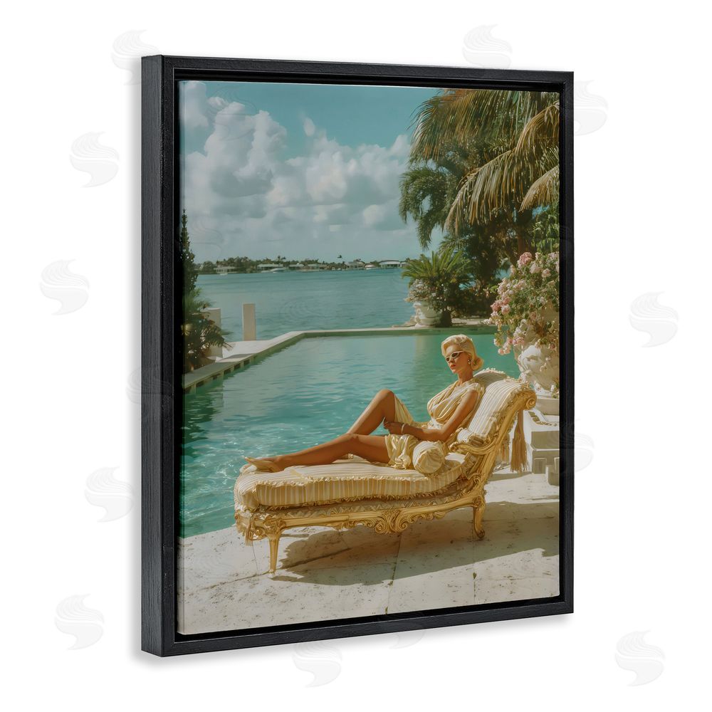 Franklyn Gregory Vintage Poolside Woman Black Floating Framed Canvas Wall Art Print