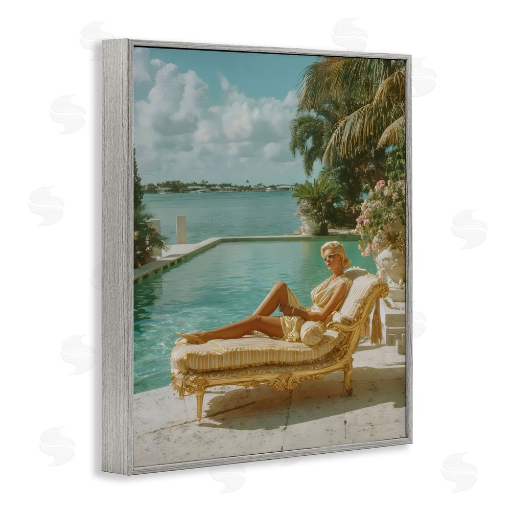 Franklyn Gregory Vintage Poolside Woman Gray Framed Giclee Wall Art Print