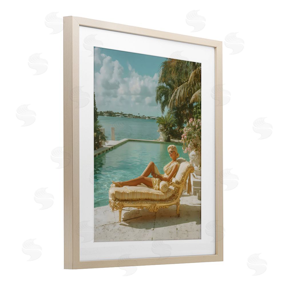 Franklyn Gregory Vintage Poolside Woman Brown Framed Print Under Glass with White Mat Wall Art