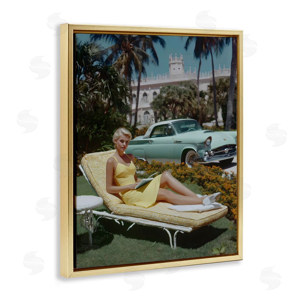 Franklyn Gregory Vintage Sunbathing Woman Gold Floating Framed Canvas Wall Art Print