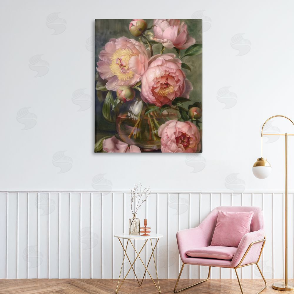 LSR Design Studio Pink Peonies in Glass Vase Stretched Canvas Wall Art in Room