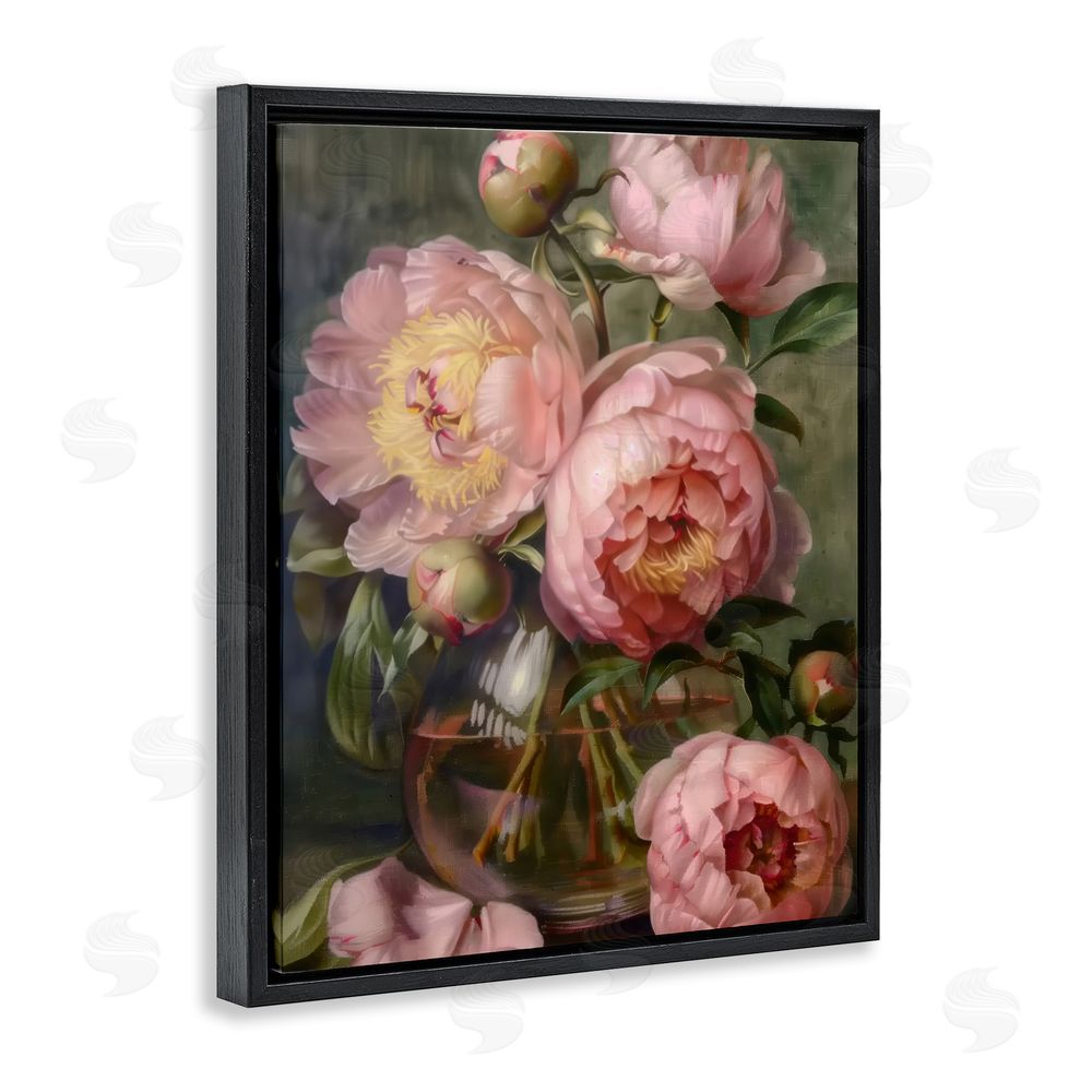 LSR Design Studio Pink Peonies in Glass Vase Black Floating Framed Canvas Wall Art