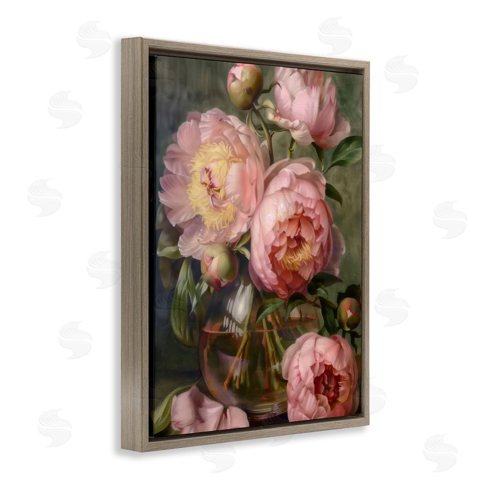 LSR Design Studio Pink Peonies in Glass Vase Brown Floating Framed Canvas Wall Art