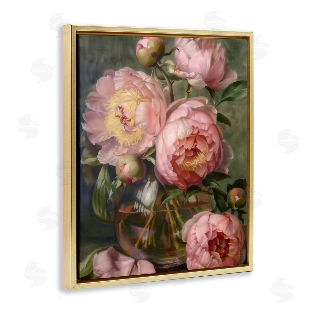 LSR Design Studio Pink Peonies in Glass Vase Gold Floating Framed Canvas Wall Art