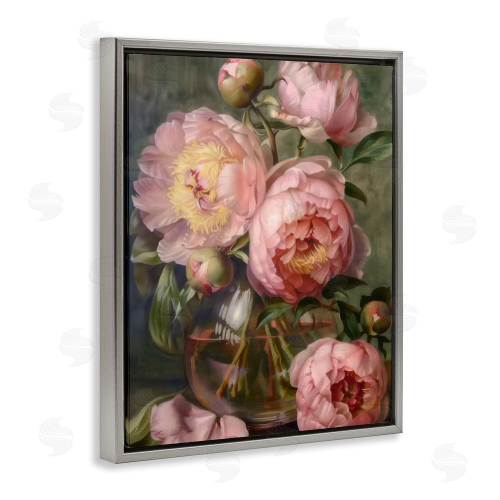 LSR Design Studio Pink Peonies in Glass Vase Gray Floating Framed Canvas Wall Art