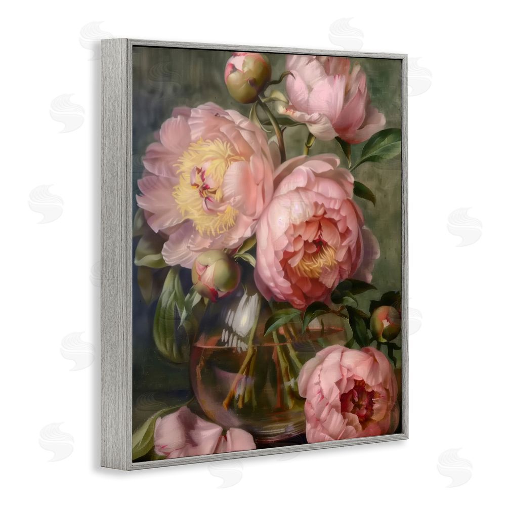 LSR Design Studio Pink Peonies in Glass Vase Gray Framed Giclee Wall Art