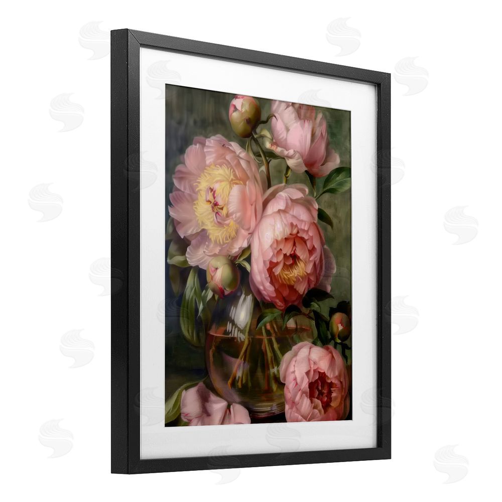 LSR Design Studio Pink Peonies in Glass Vase Black Framed Print Under Glass Wall Art