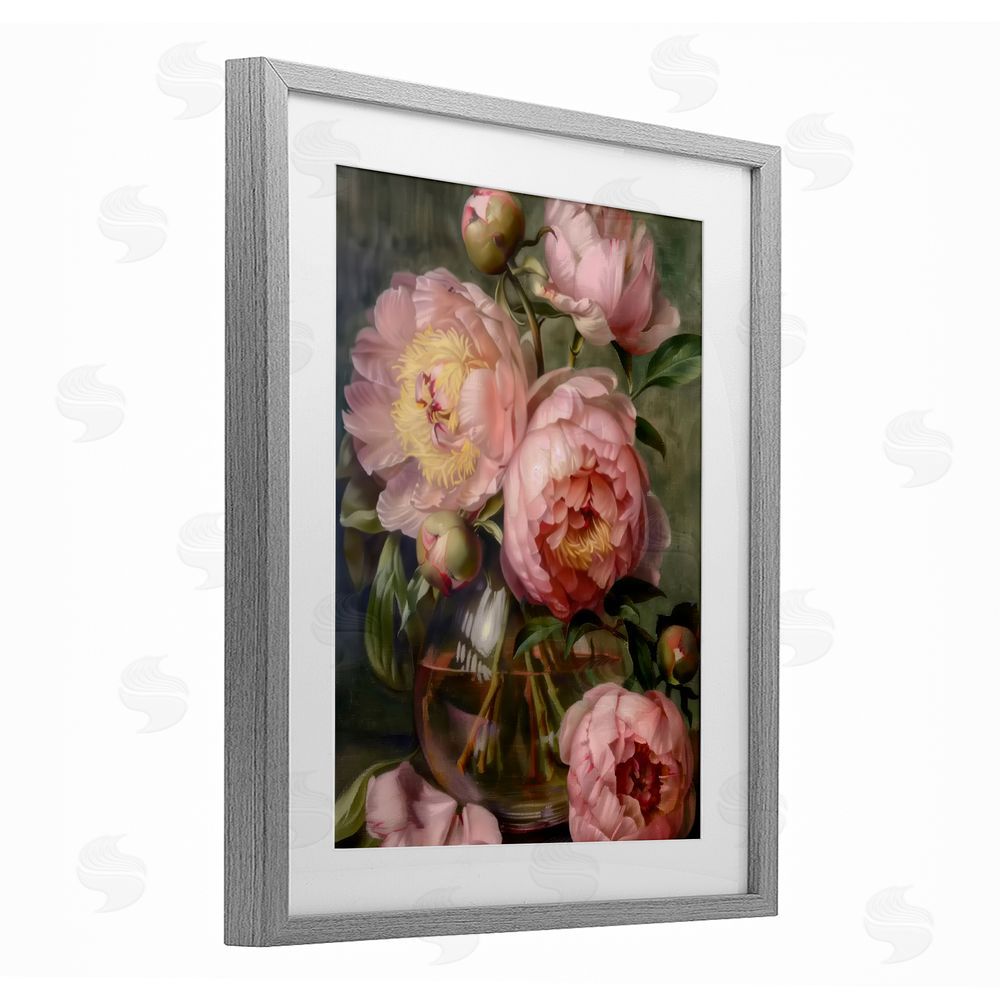LSR Design Studio Pink Peonies in Glass Vase Gray Framed Print Under Glass Wall Art