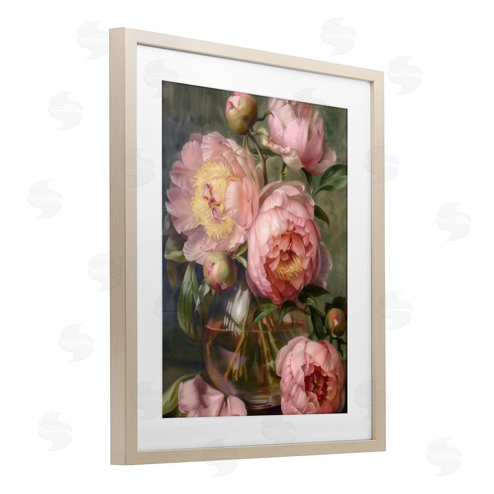 LSR Design Studio Pink Peonies in Glass Vase Brown Framed Print Under Glass Wall Art