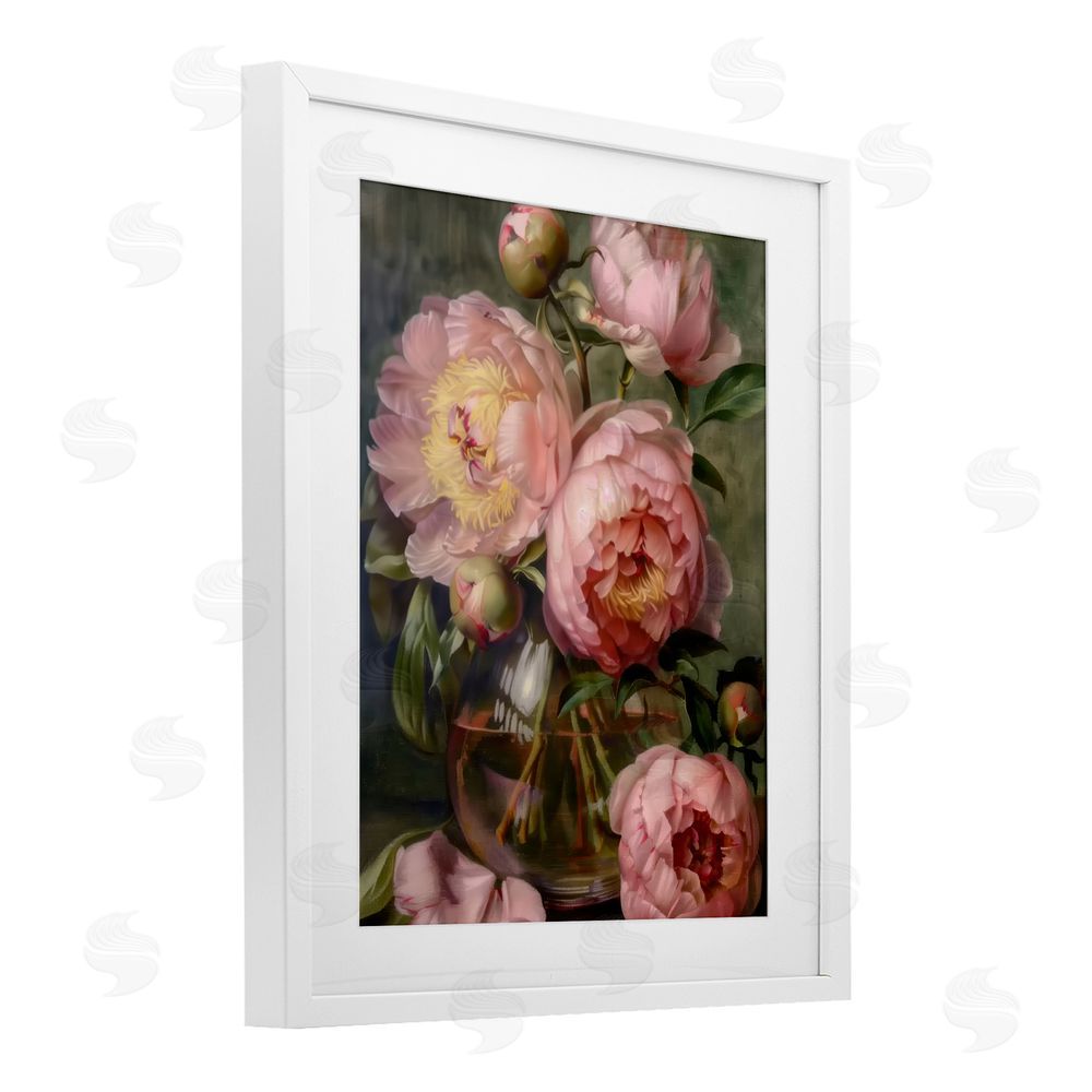 LSR Design Studio Pink Peonies in Glass Vase White Framed Print Under Glass Wall Art