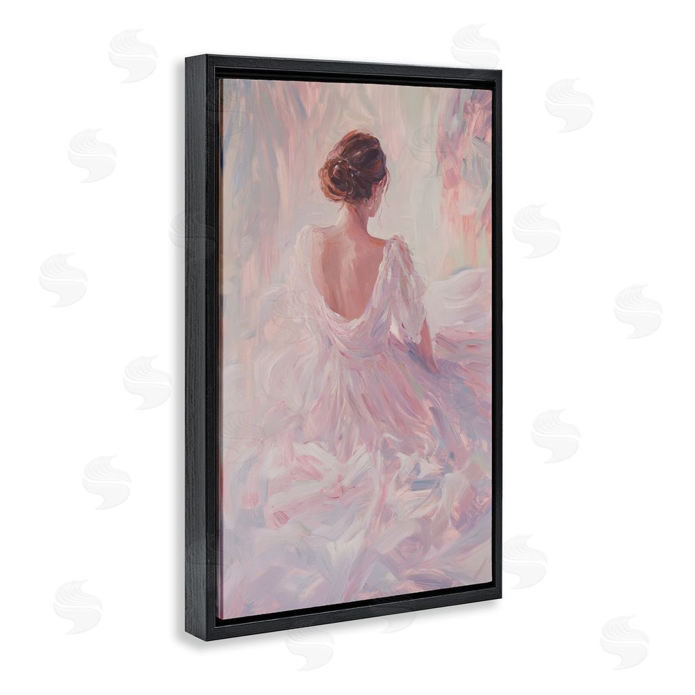 Petal Prints Design Graceful Woman in Blush Gown Black Floating Framed Canvas Wall Art