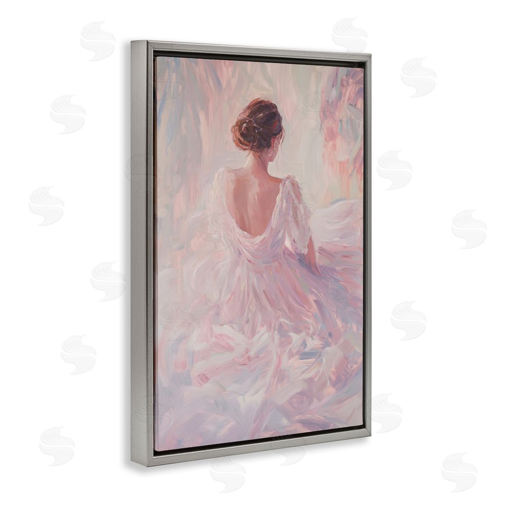 Petal Prints Design Graceful Woman in Blush Gown Gray Floating Framed Canvas Wall Art