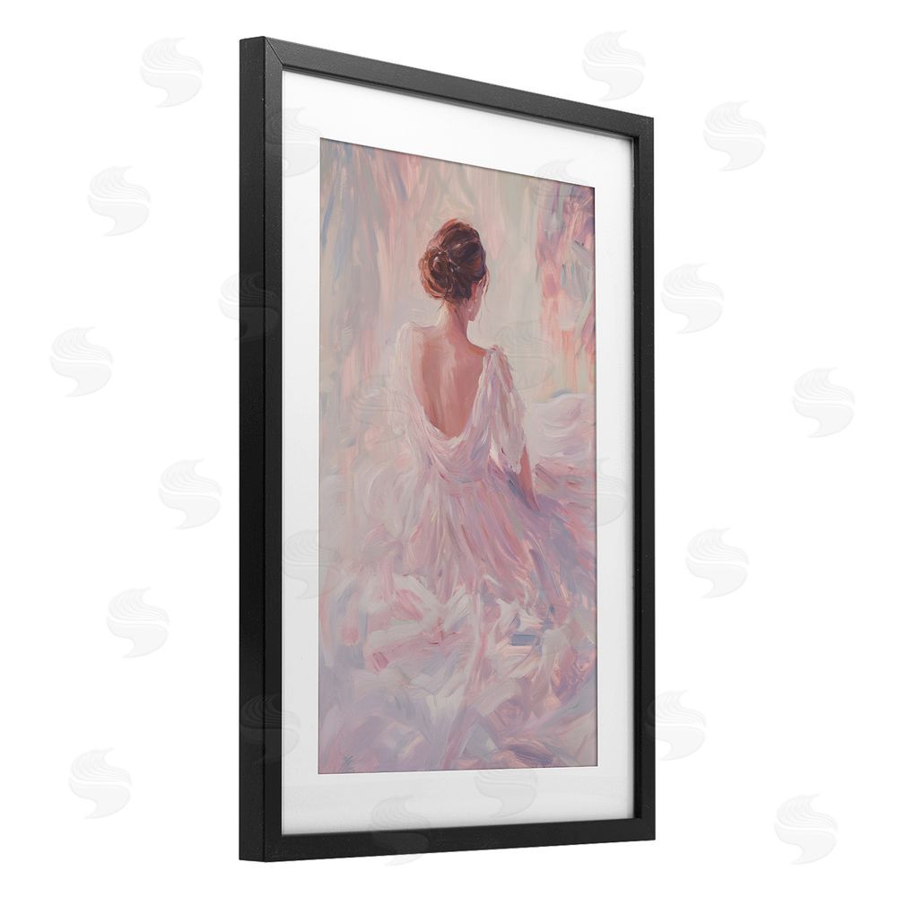 Petal Prints Design Graceful Woman in Blush Gown Black Framed Print Under Glass Wall Art
