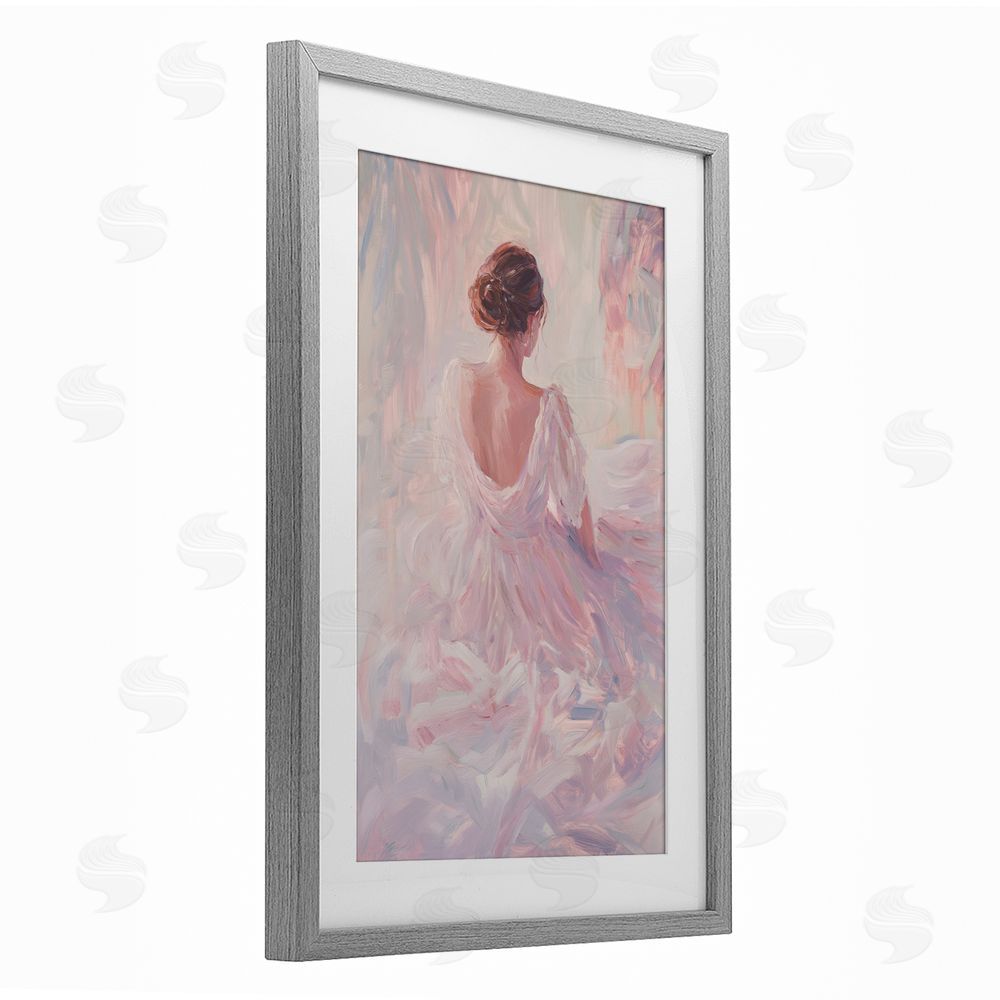 Petal Prints Design Graceful Woman in Blush Gown Gray Framed Print Under Glass Wall Art