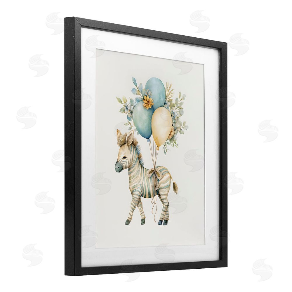 LSR Design Studio Watercolor Nursery Zebra Black Framed Print Under Glass with White Mat Wall Art