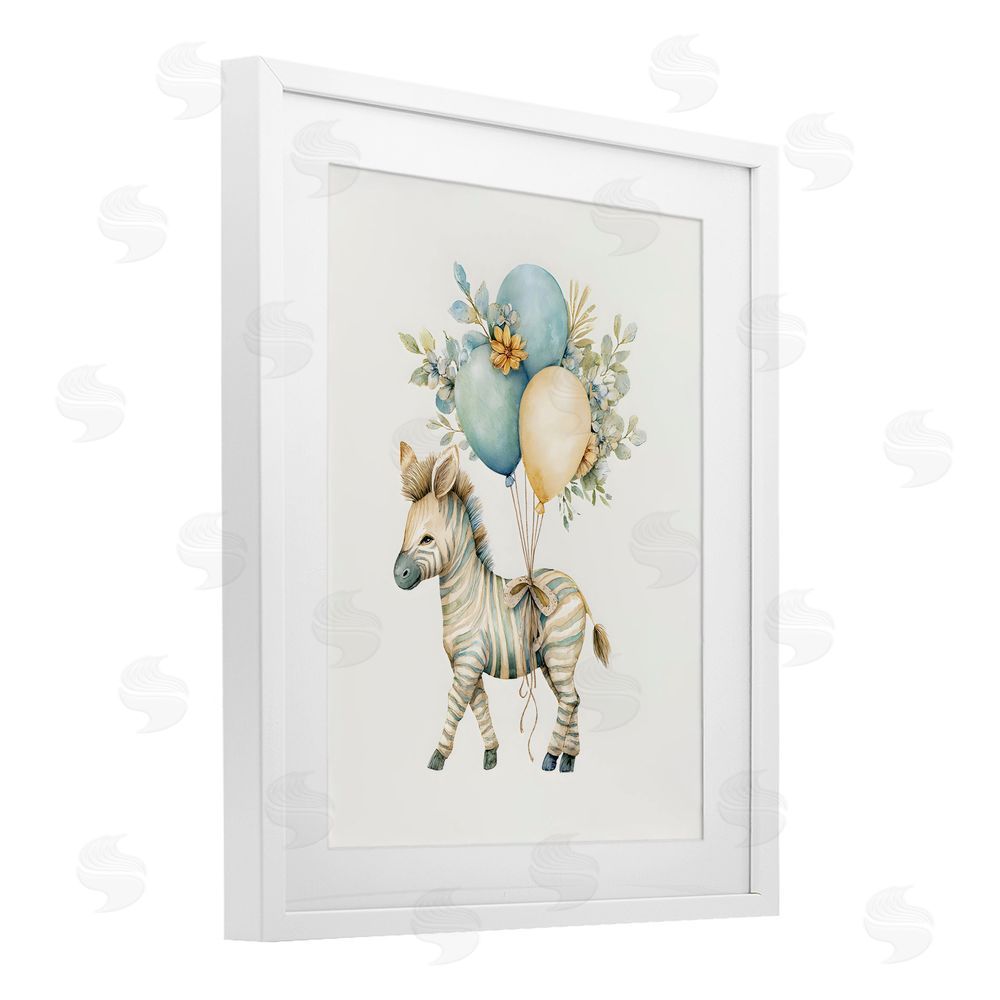 LSR Design Studio Watercolor Nursery Zebra White Framed Print Under Glass with White Mat Wall Art