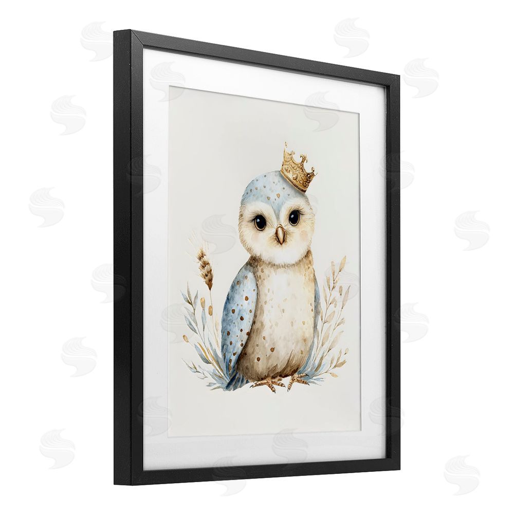 LSR Design Studio Watercolor Nursery Owl Black Framed Print Under Glass with White Mat Wall Art