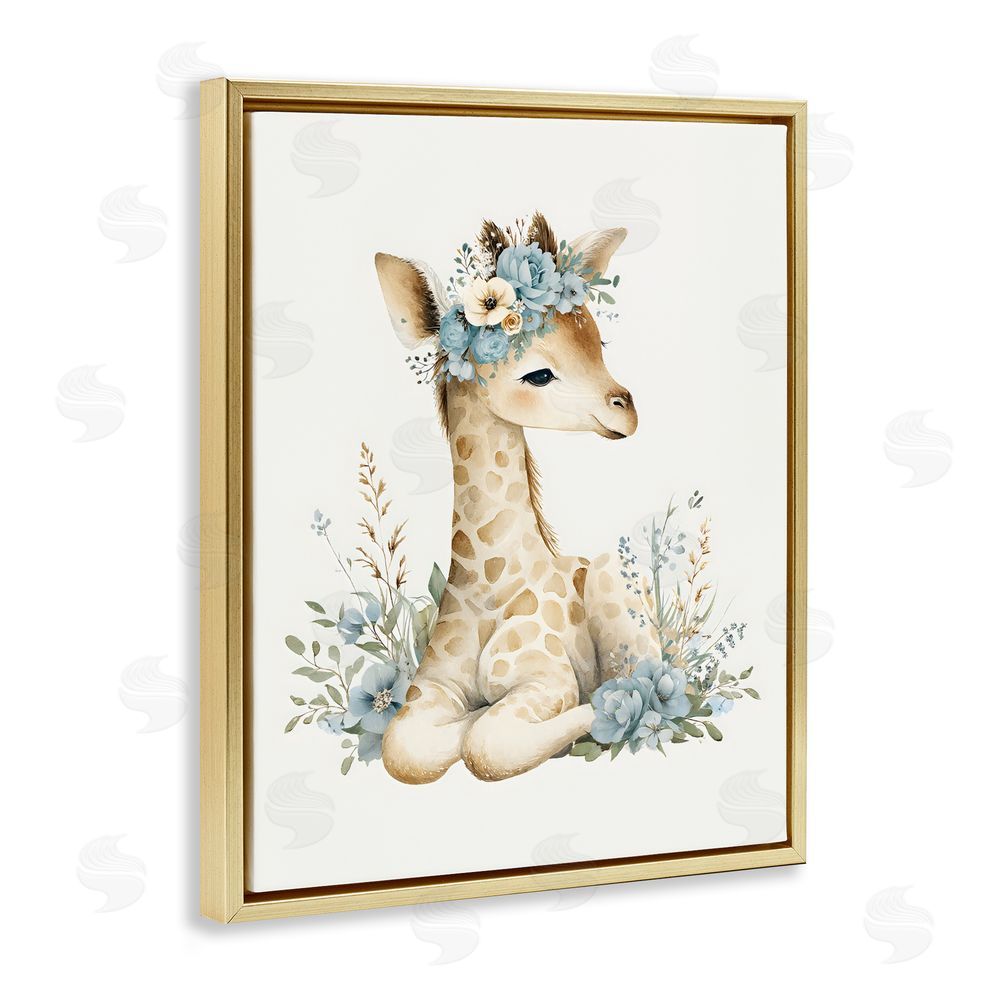 LSR Design Studio Watercolor Nursery Giraffe Gold Floating Framed Canvas Wall Art Print