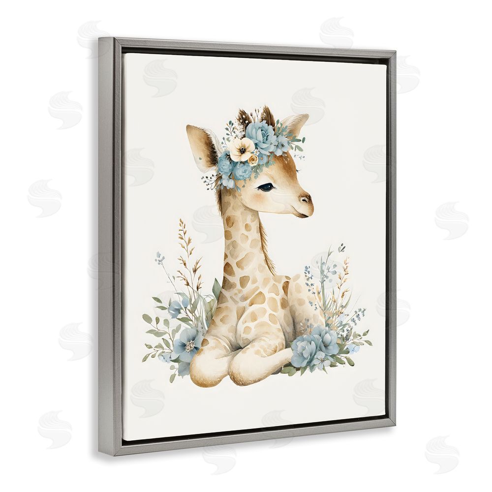 LSR Design Studio Watercolor Nursery Giraffe Gray Floating Framed Canvas Wall Art Print