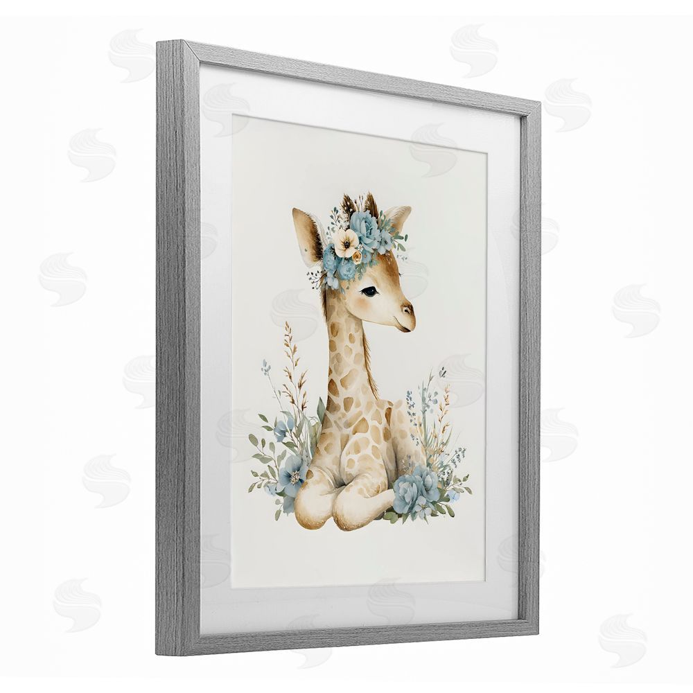LSR Design Studio Watercolor Nursery Giraffe Gray Framed Print Under Glass with White Mat Wall Art