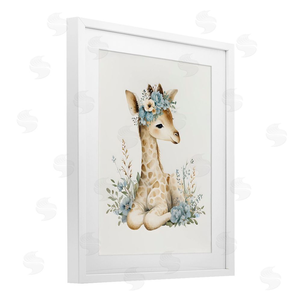 LSR Design Studio Watercolor Nursery Giraffe White Framed Print Under Glass with White Mat Wall Art
