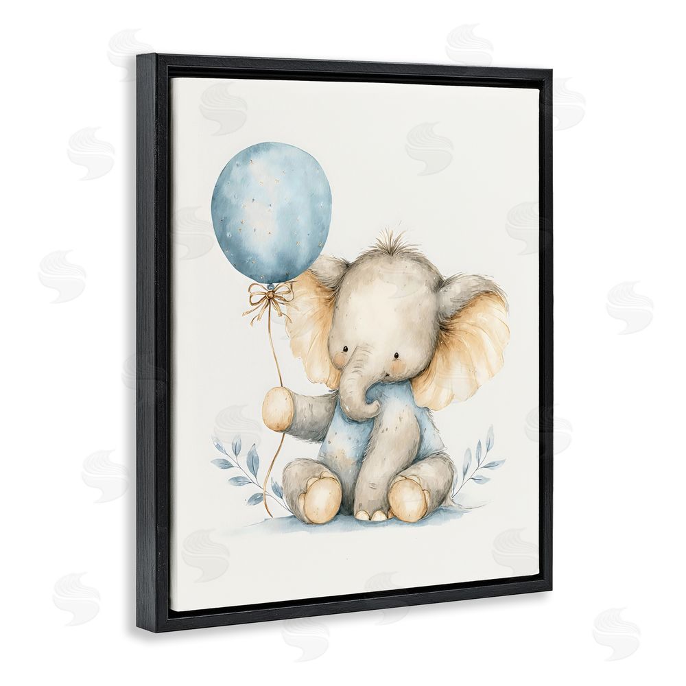 LSR Design Studio Watercolor Nursery Elephant Black Floating Framed Canvas Wall Art Print