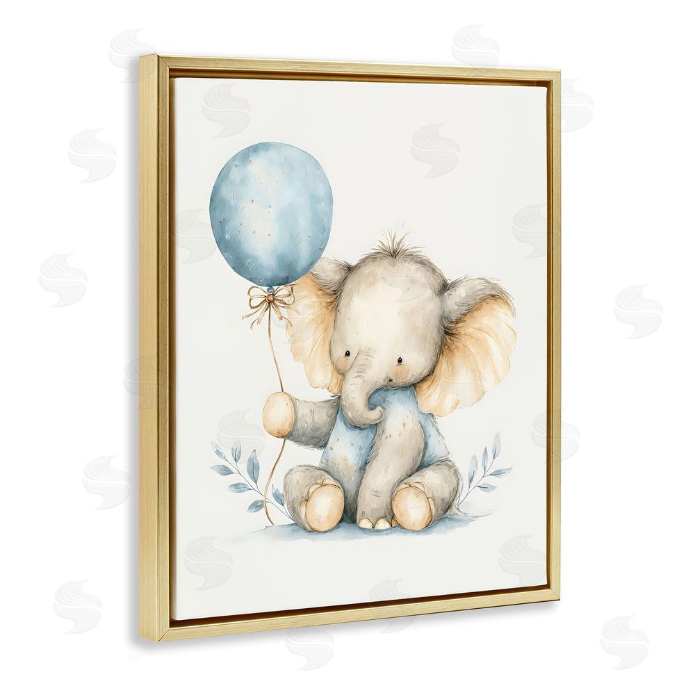 LSR Design Studio Watercolor Nursery Elephant Gold Floating Framed Canvas Wall Art Print