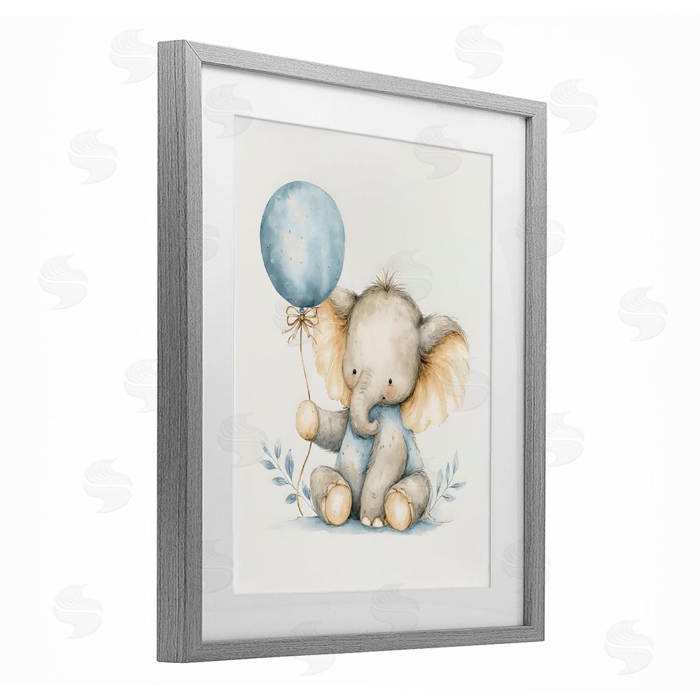 LSR Design Studio Watercolor Nursery Elephant Gray Framed Print Under Glass with White Mat Wall Art