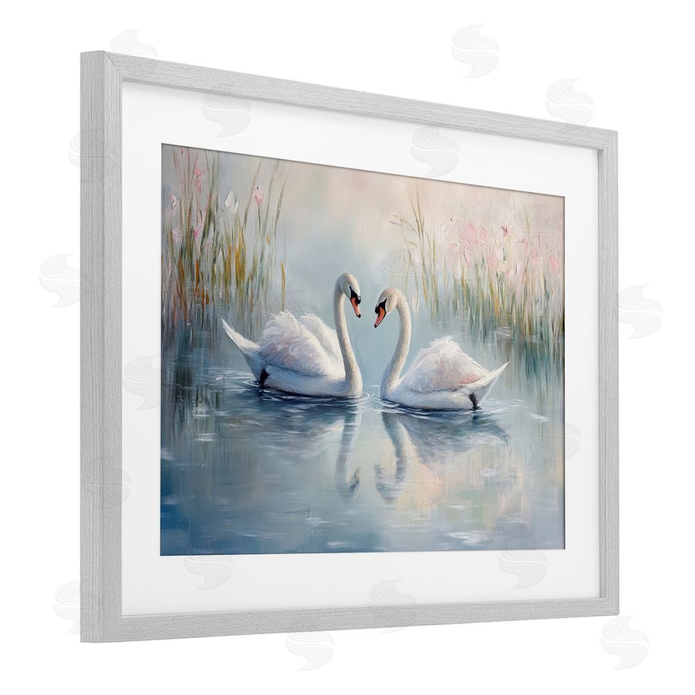 Petal Prints Design Simple Swan Reflections Gray Framed Print Under Glass with White Mat Wall Art