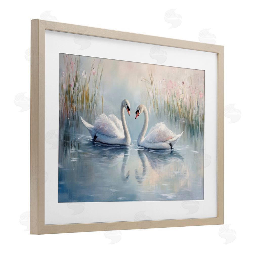 Petal Prints Design Simple Swan Reflections Brown Framed Print Under Glass with White Mat Wall Art
