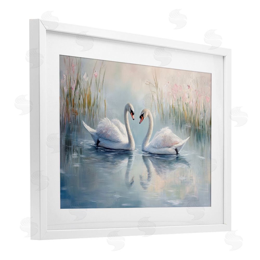 Petal Prints Design Simple Swan Reflections White Framed Print Under Glass with White Mat Wall Art