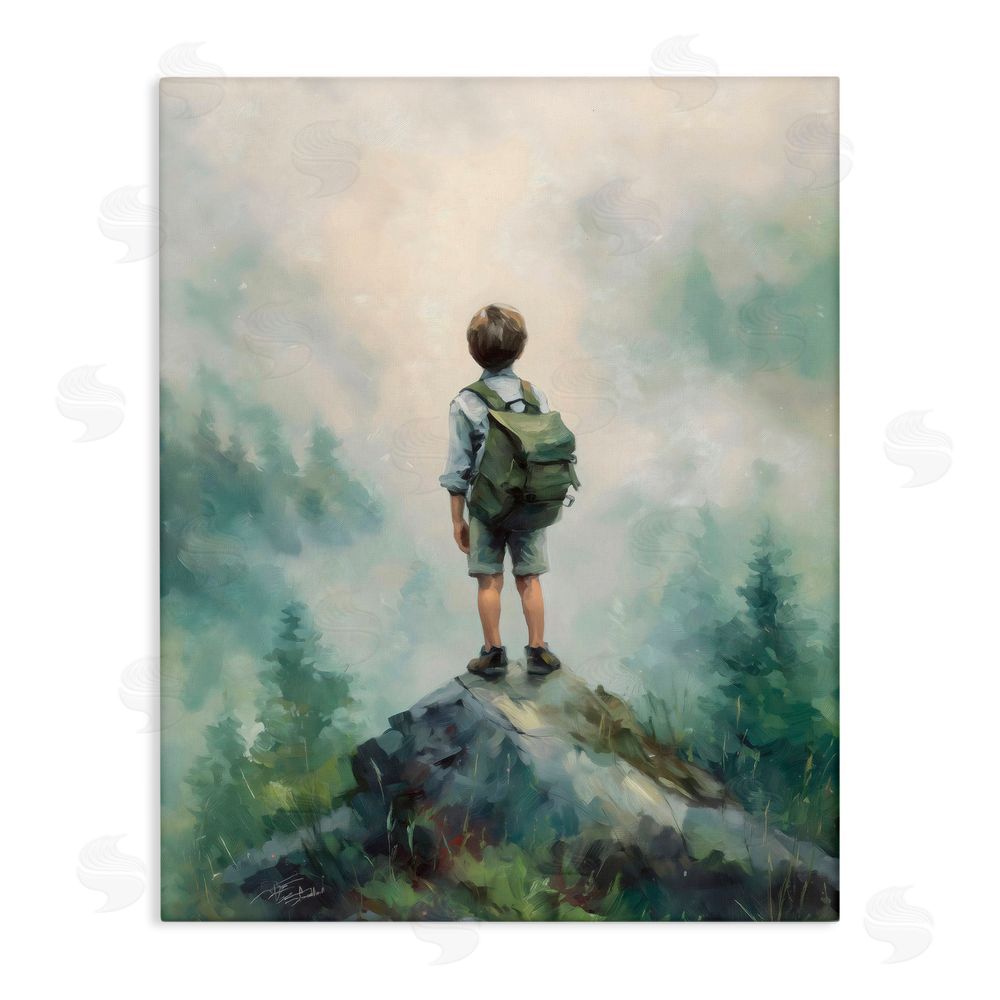 Arlington Prints Boy Adventurer Atop Mountain Stretched Canvas Wall Art Print