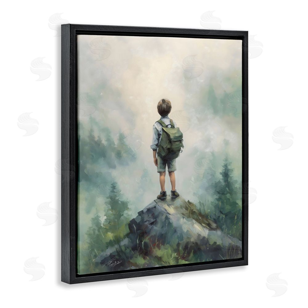 Arlington Prints Boy Adventurer Atop Mountain Black Floating Frame Canvas Wall Art Print