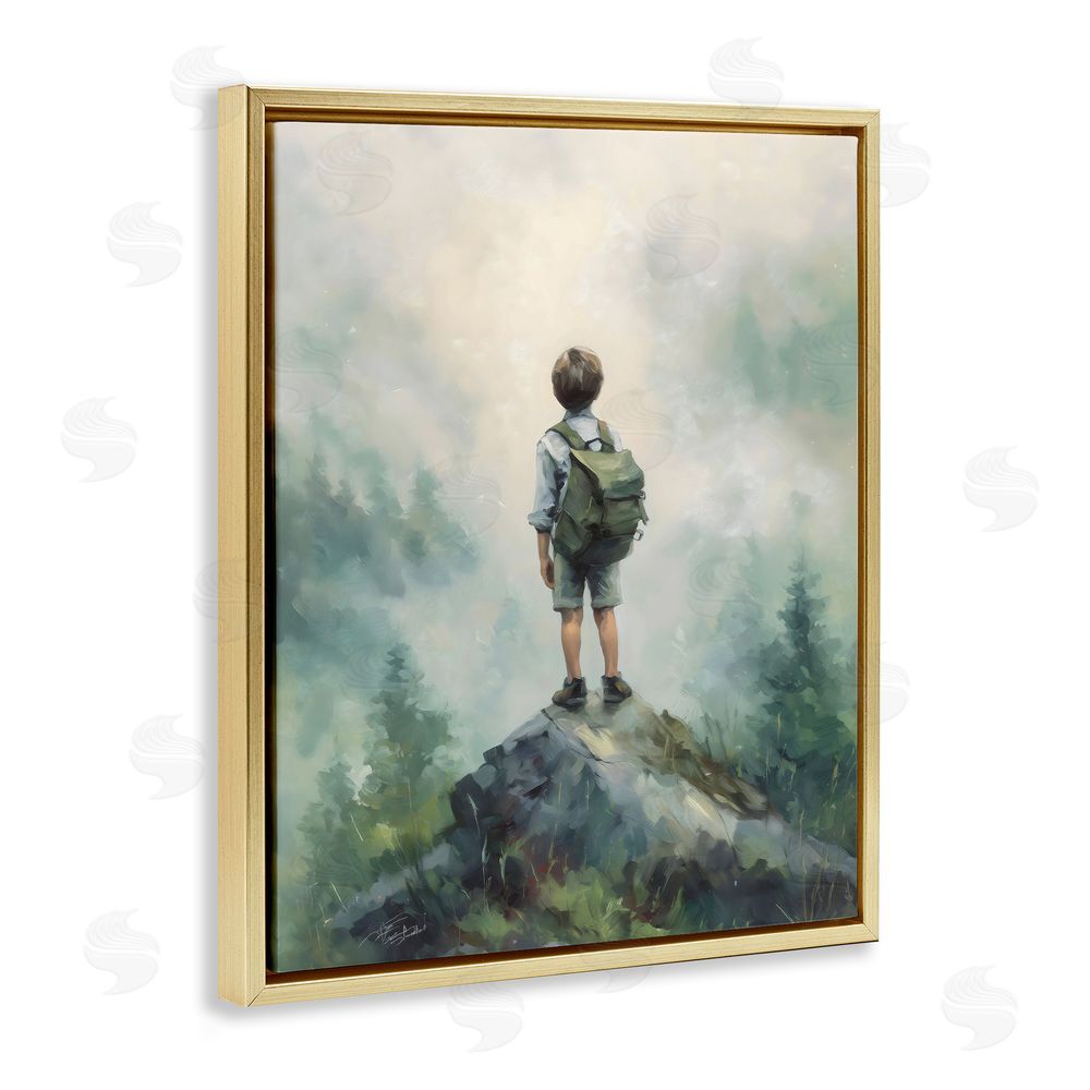 Arlington Prints Boy Adventurer Atop Mountain Gold Floating Frame Canvas Wall Art Print
