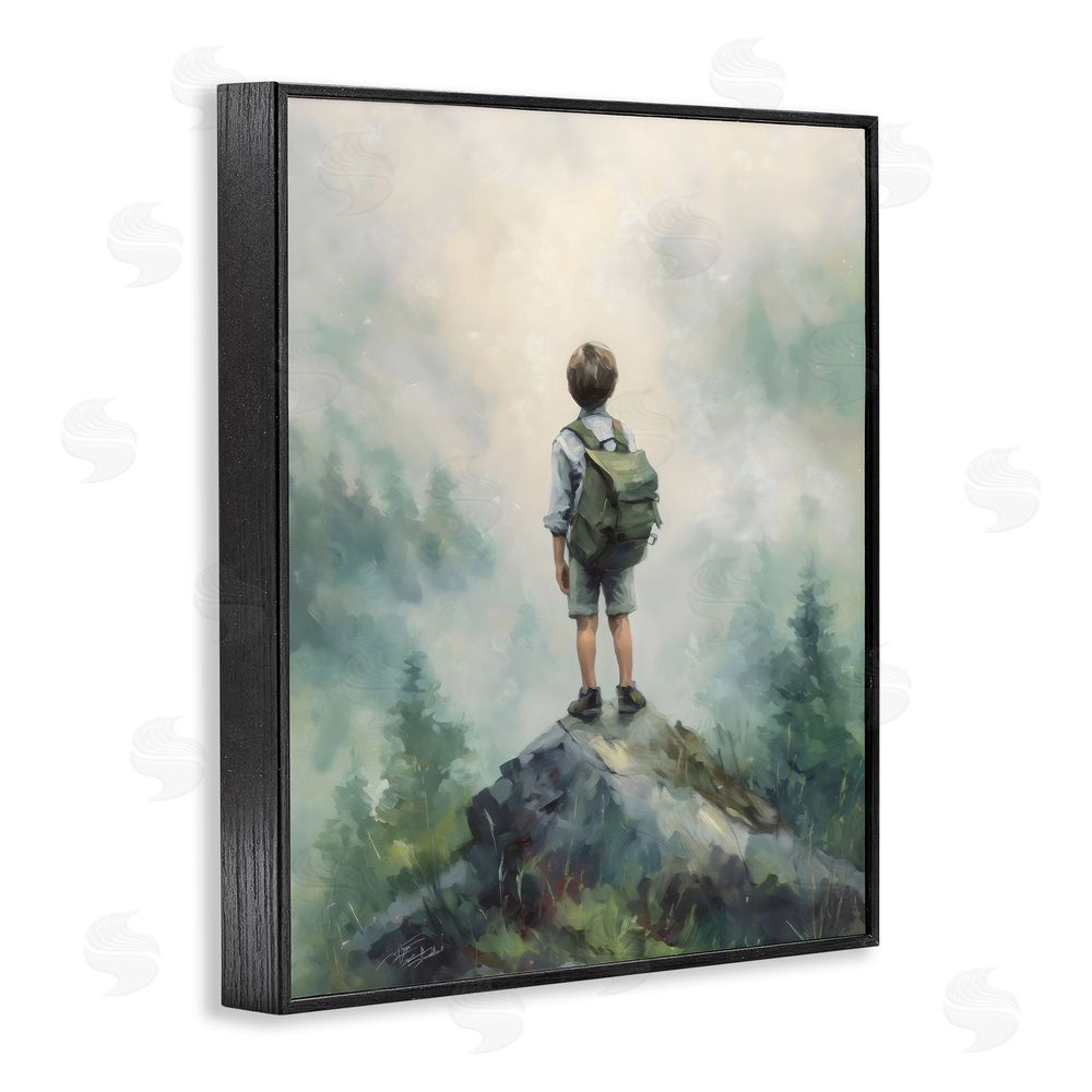 Arlington Prints Boy Adventurer Atop Mountain Black Framed Giclee Print Wall Art