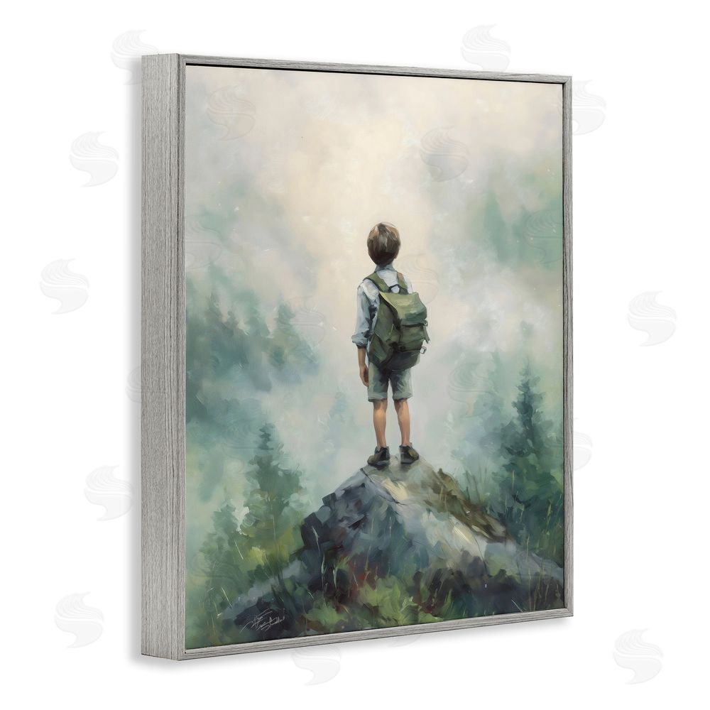 Arlington Prints Boy Adventurer Atop Mountain Gray Framed Giclee Print Wall Art