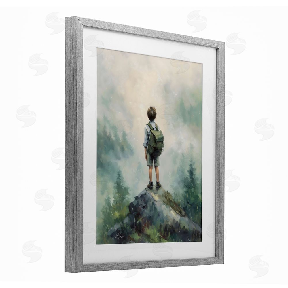 Arlington Prints Boy Adventurer Atop Mountain Gray Framed Print Under Glass Wall Art