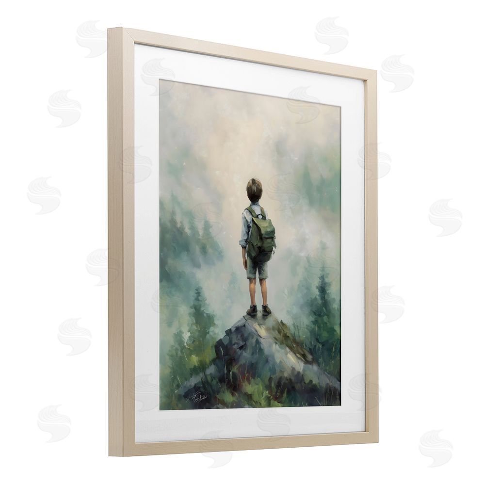 Arlington Prints Boy Adventurer Atop Mountain Brown Framed Print Under Glass Wall Art