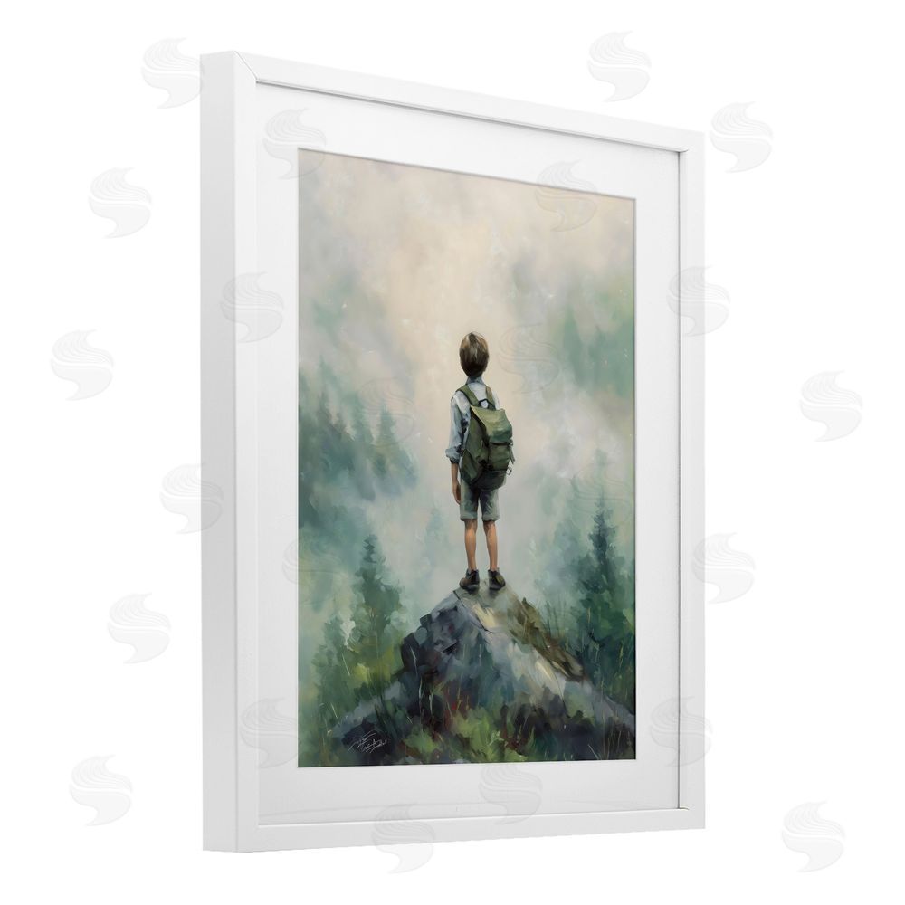 Arlington Prints Boy Adventurer Atop Mountain White Framed Print Under Glass Wall Art