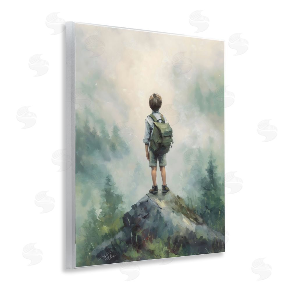 Arlington Prints Boy Adventurer Atop Mountain Wooden Wall Plaque Art Print